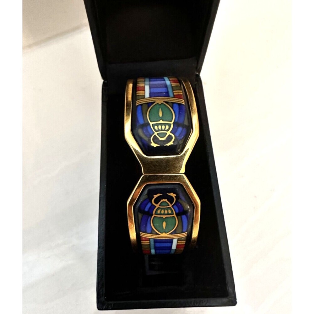 RARE Vintage Michaela Frey Wien Enamel Bracelet – Egyptian Scarab Design 24K GP